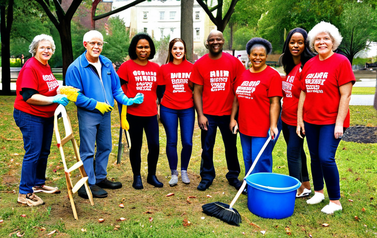 **
A diverse group of volunteers collaborating on a community project, possibly cleaning up a park or organizing a food drive. The scene should convey a sense of unity, purpose, and positive community impact. Consider showing a mix of ages and abilities, all working together.
**